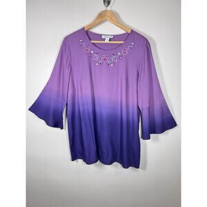 NWT Coldwater Creek Womens Blouse Ombré Purple Floral Embroidered Bell Sleeve M